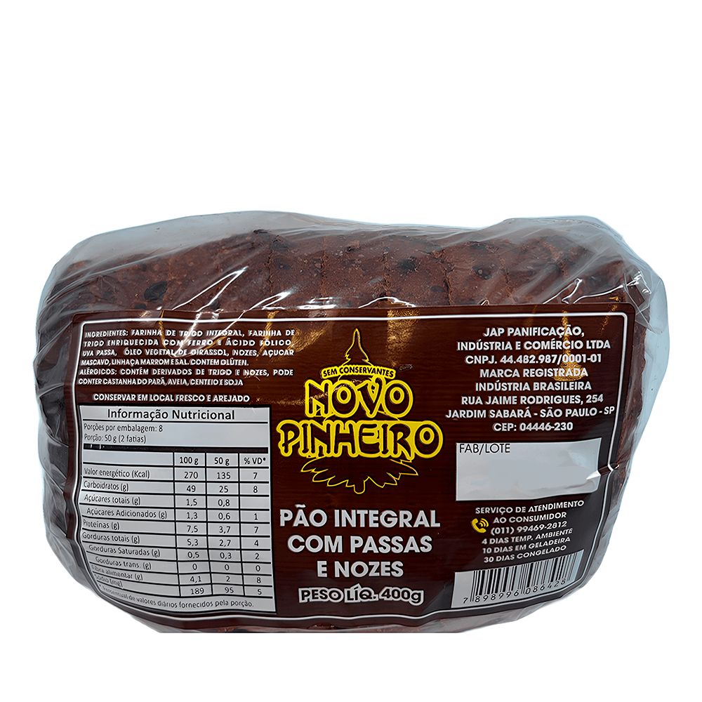 Pão de Forma Integral de Passas e Nozes Novo Pinheiro 400g