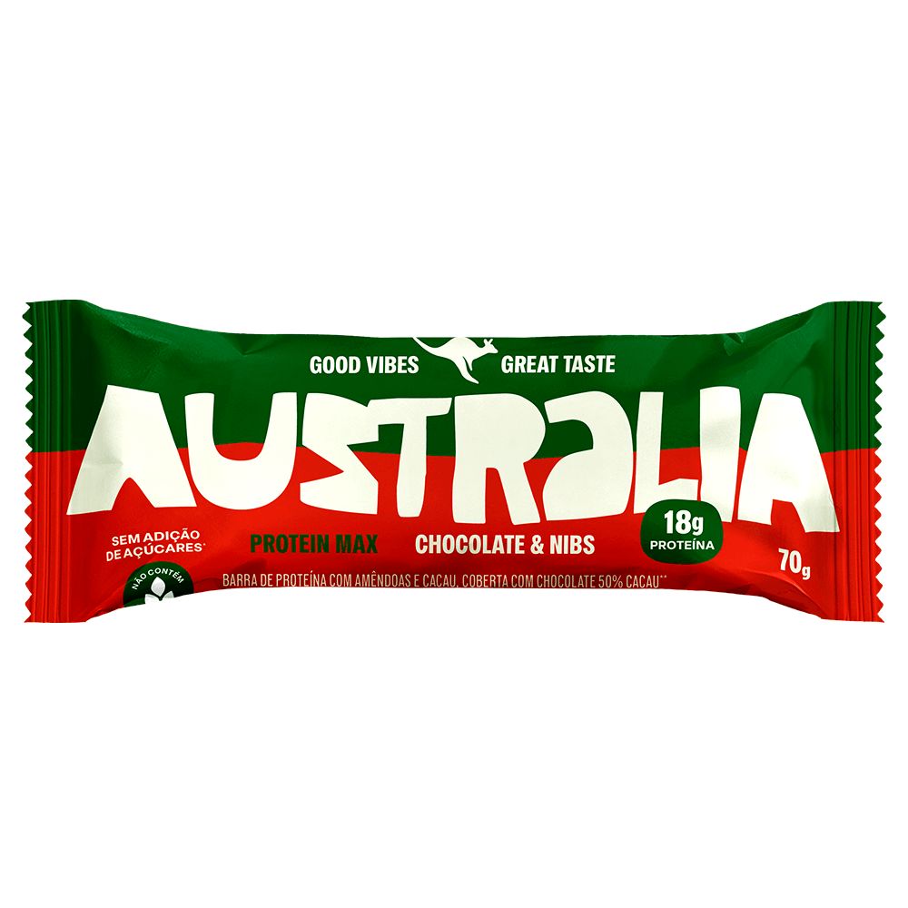 Barra Protein Vegana Zero Açúcar Chocolate e Nibs Australia 70g